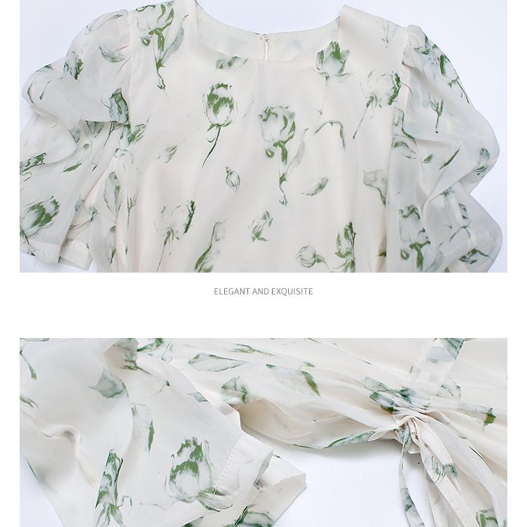 Romantic French Style Summer Dress with Delicate Floral Print Slim Drawstring Clothes for Women