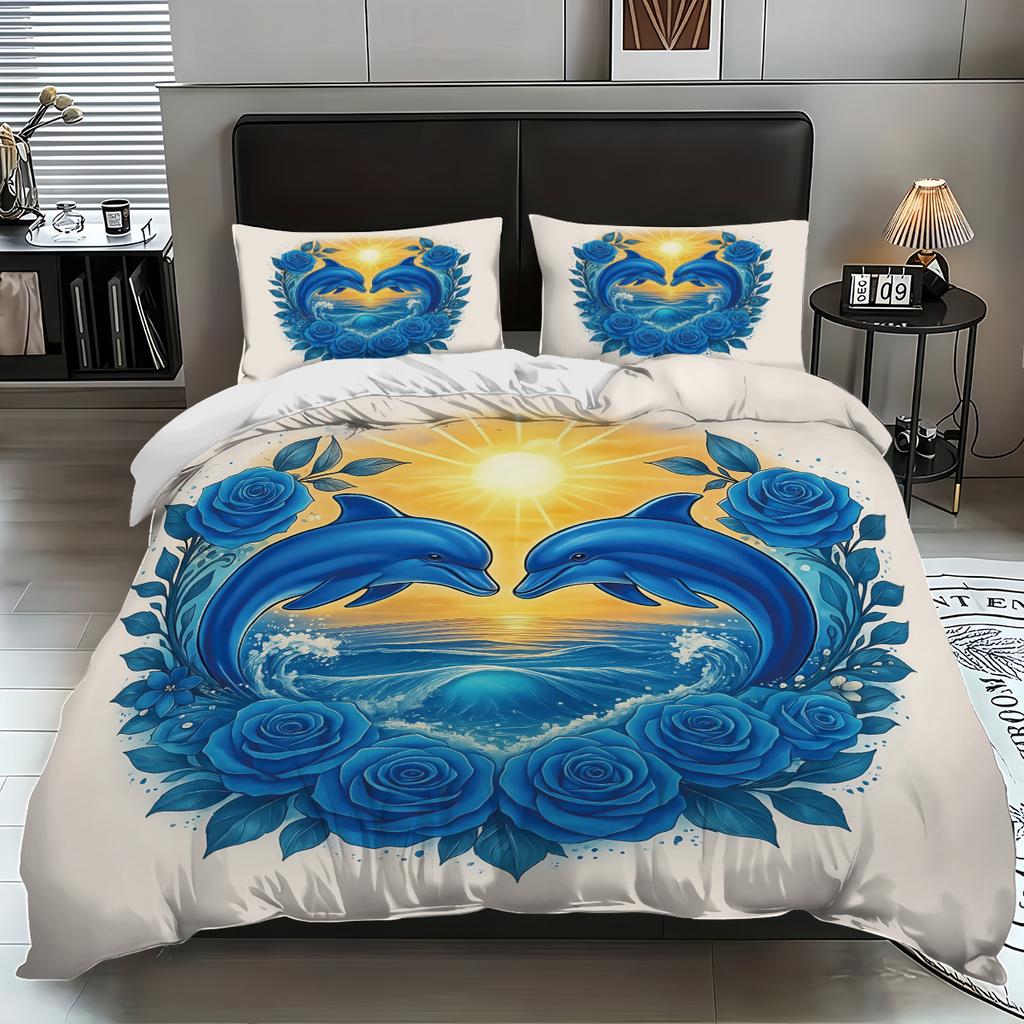 3 Romantic Blue Jumping Dolphin Print Duvet Covers Set 1 Down Duvet Cover+2 Pillowcases Coreless. Soft And Comfortable