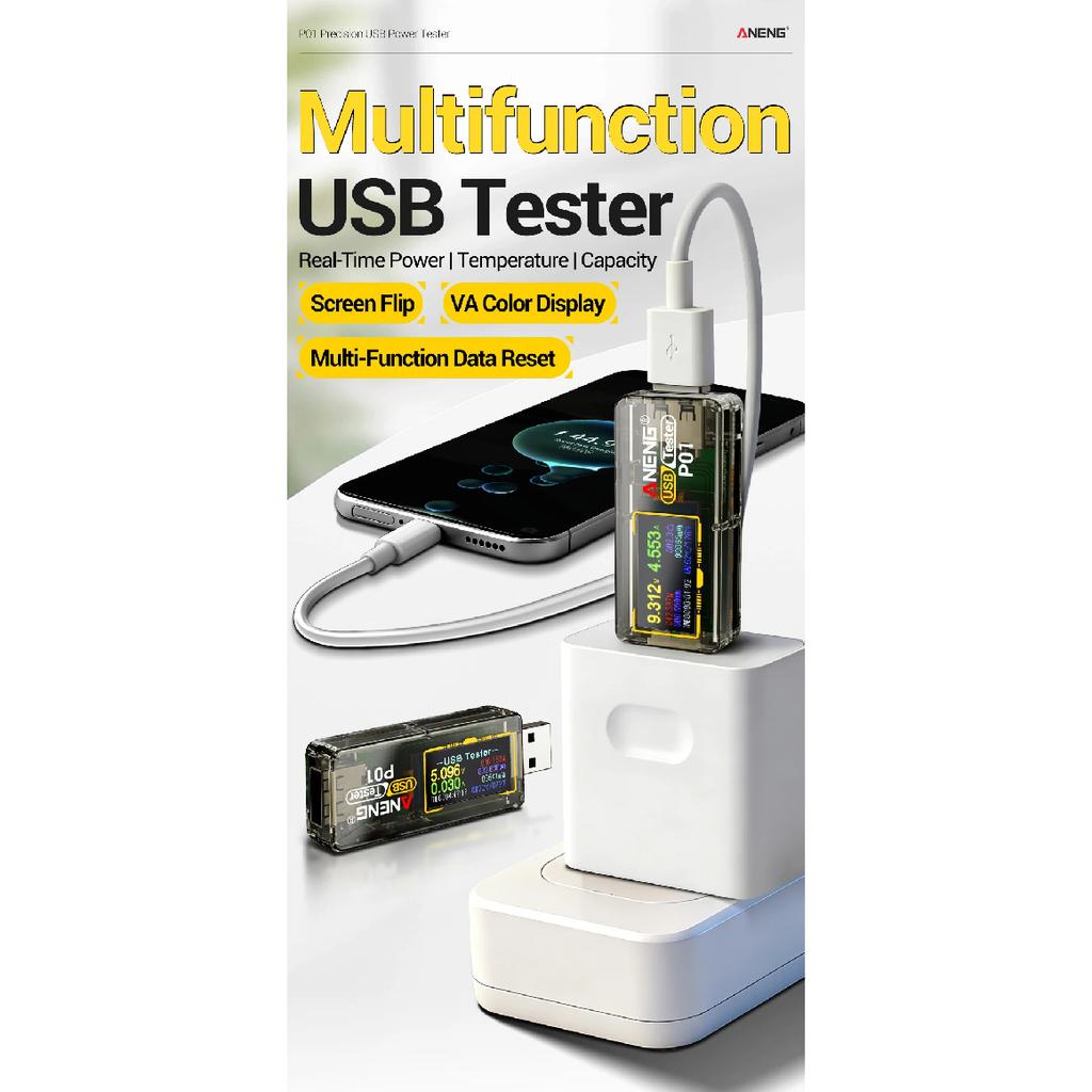 Цифровой вольтметр-амперметр ANENG P01 USB-тестер 4В-30В Емкость Энергия Температура Детектор быстрой мощности