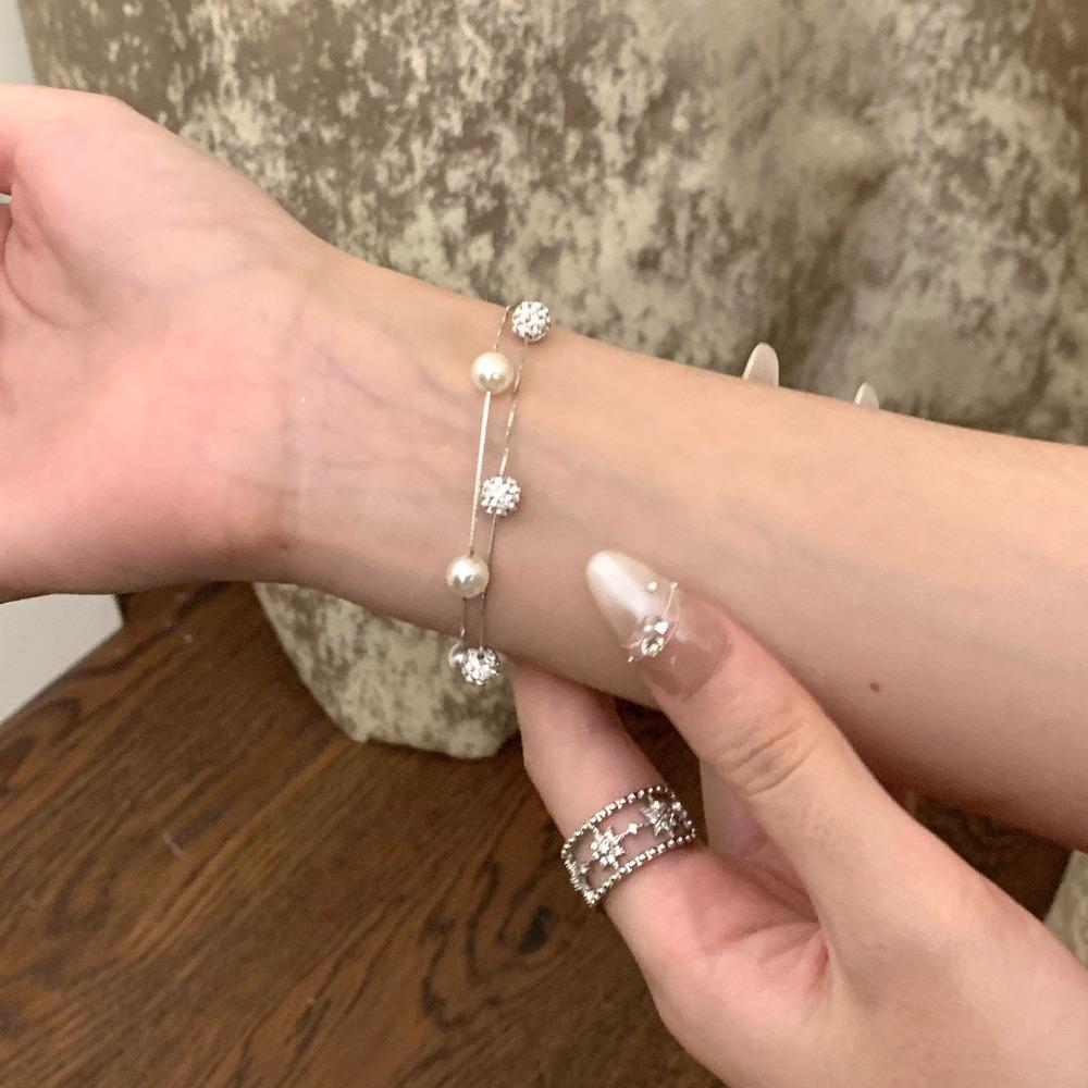 S925 pure silver French double-layer zircon Shambhala ball pearl natural freshwater pearl bracelet