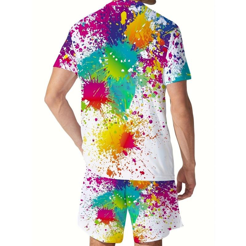 Мужской комплект из 2 предметов, футболка с коротким рукавом и шорты с красочным принтом в виде брызг краски, повседневный уличный летний наряд
