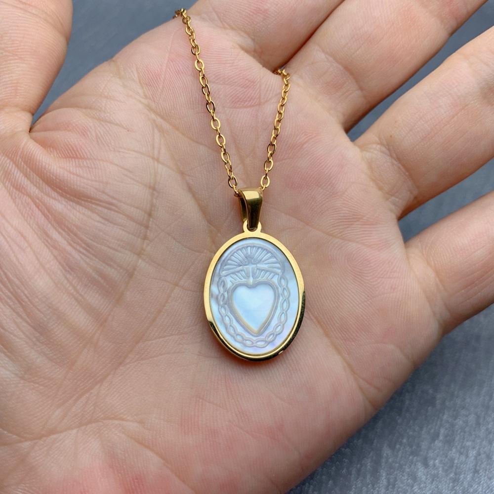 Stainless Steel Necklace MOP Sea Shell Religious Jesus Our Lady Virgin Mary Sacred Heart Pendant for Women
