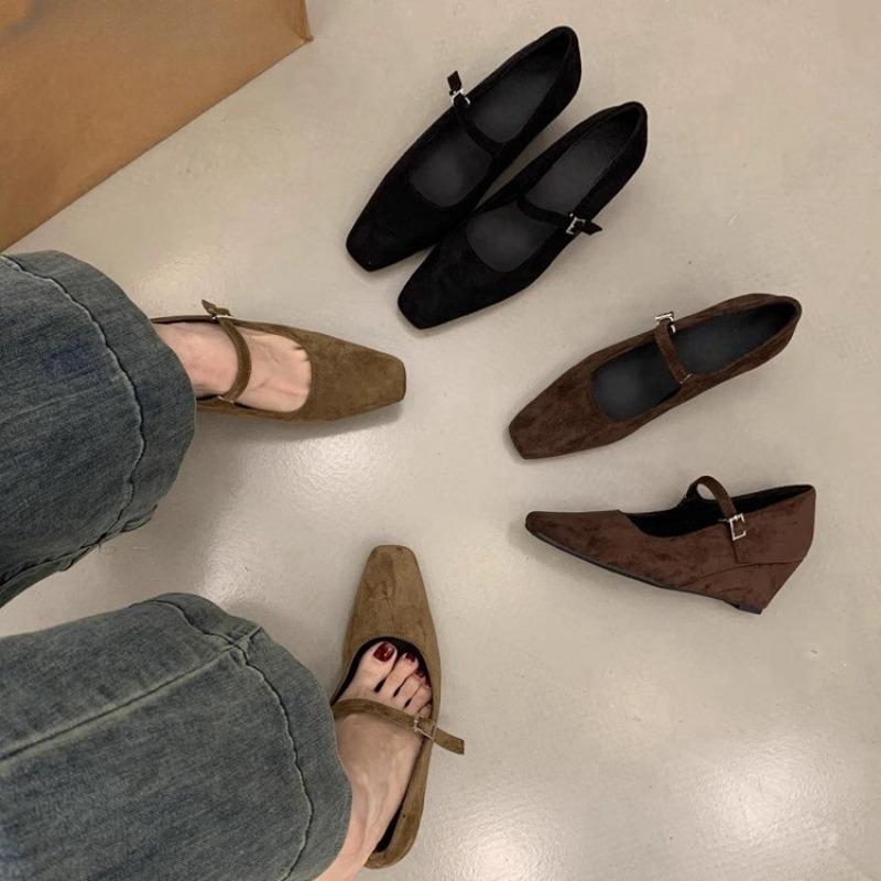 Ретро Бархатные Туфли Мэри Джейн Женские Туфли на Танкетке Весна Осень Новые Летние Юбка Вечерние Универсальные Для Поездок на Работу Туфли на Высоком Каблуке