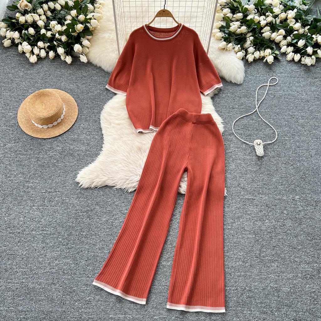 Летний женский трикотажный свитер, брюки, комплект из двух предметов, женский свитер с коротким рукавом, топ и брюки длиной до щиколотки, спортивный костюм