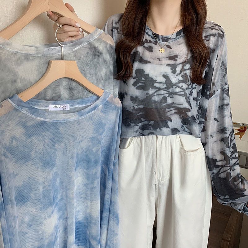 Summer Mesh Sunscreen Shirt Spicy Girl Top Design Feel Loose Tie-dyed Long-sleeved T-shirt Women's Fashion