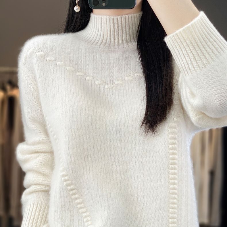 Women's Semi High Neck Thick Solid Color Sweater Pullover Casual Loose and Slimming Knitted Sweater