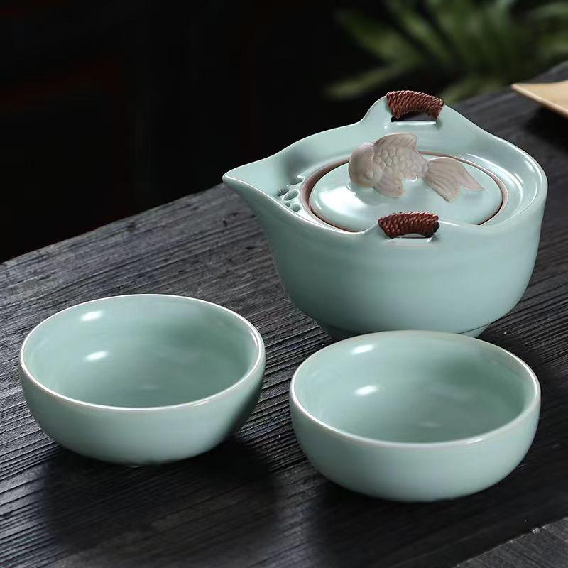 Портативный керамический дорожный чайный сервиз Ge Kiln, 1 чайник, 2 чашки, автомобильный чайный сервиз, гайвань, чашки и кружки, исинский чайник, симпатичный горшок для чашки