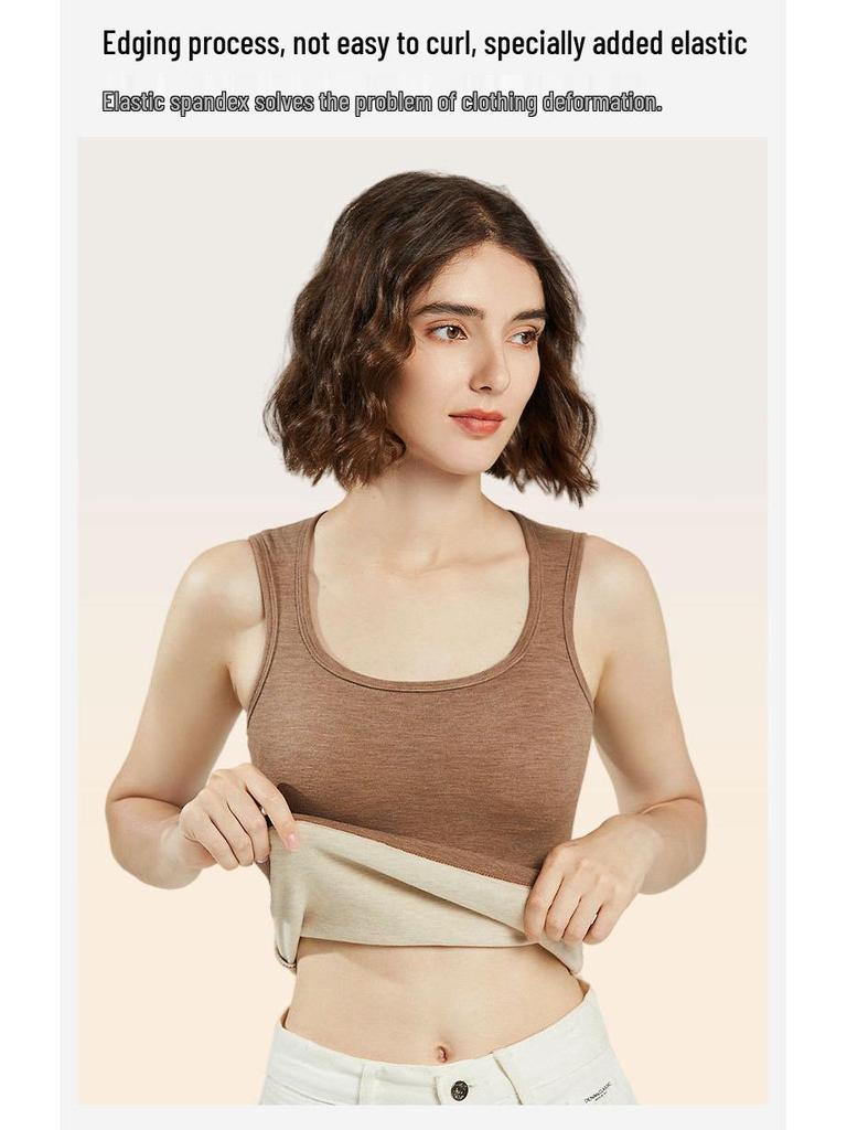 Mulberry Silk Merino Wool Fleece-Lined Vest for Women with Chest Pads and Cut-Out Shoulders, Velvet Inner Layer, for Autumn and Winter