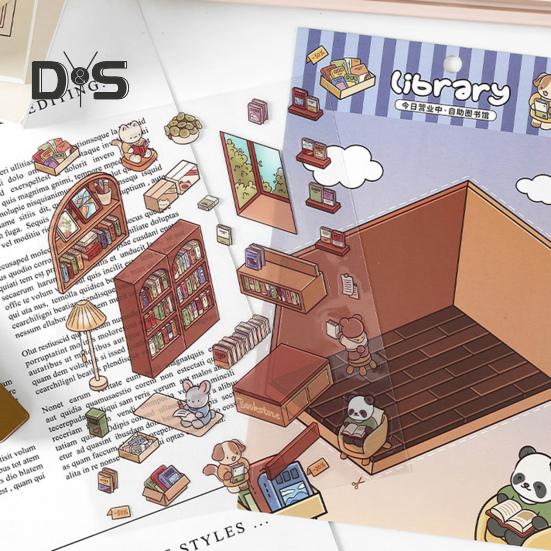 4 Set 3D DIY House Scene Stickers Stress Relief Decals Supermarket Coffee Shop Bookstore Sun Room Library Tear-resistant Surface Stickers