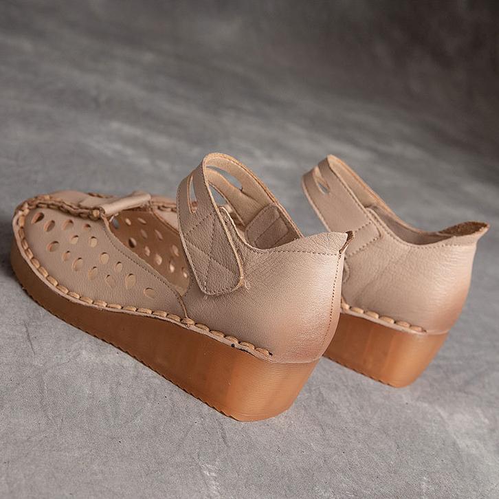 Johnature Versatile Genuine Leather Hollow-out Sandals Retro Hook & Loop Comfortable Women's Wedges Shoes
