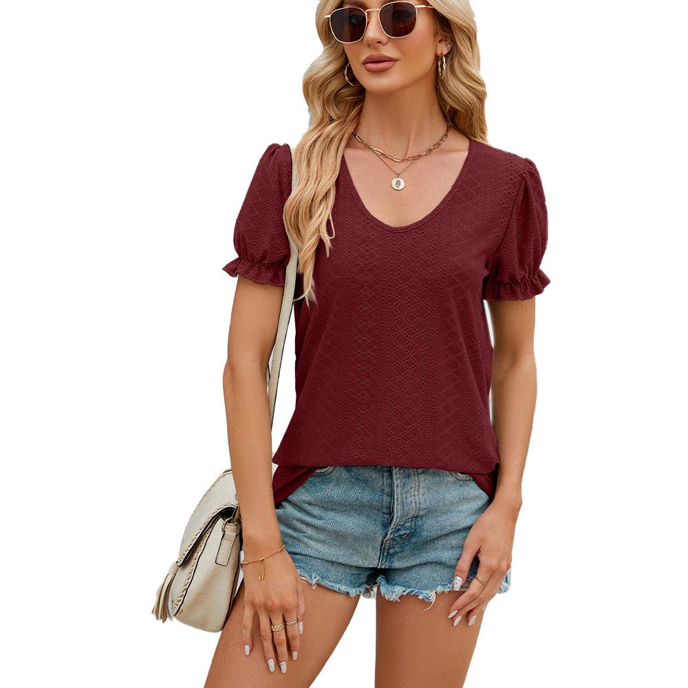 GMXIA Women's Fashion Casual Summer Spring Solid Color Print Short Sleeve U-Neck Loose Fold Blouses & Shirts