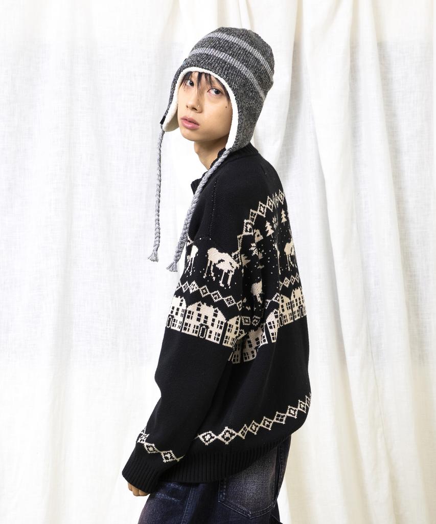GLACK Gnt071 Kevin Nordic Pattern Knit Zip-Up (Black)