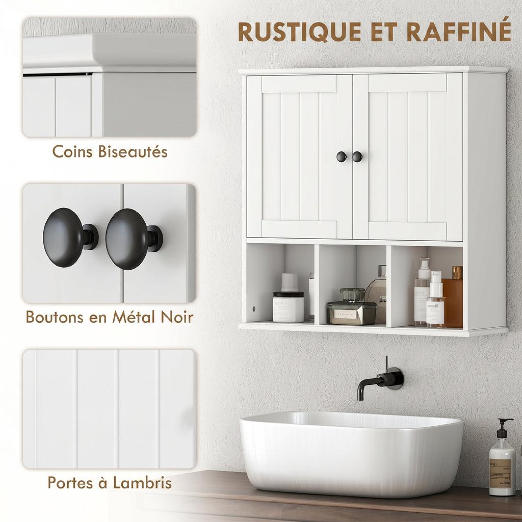 Bathroom Wall Cabinet, 2 Doors, Adjustable Shelf, Open Compartments, White