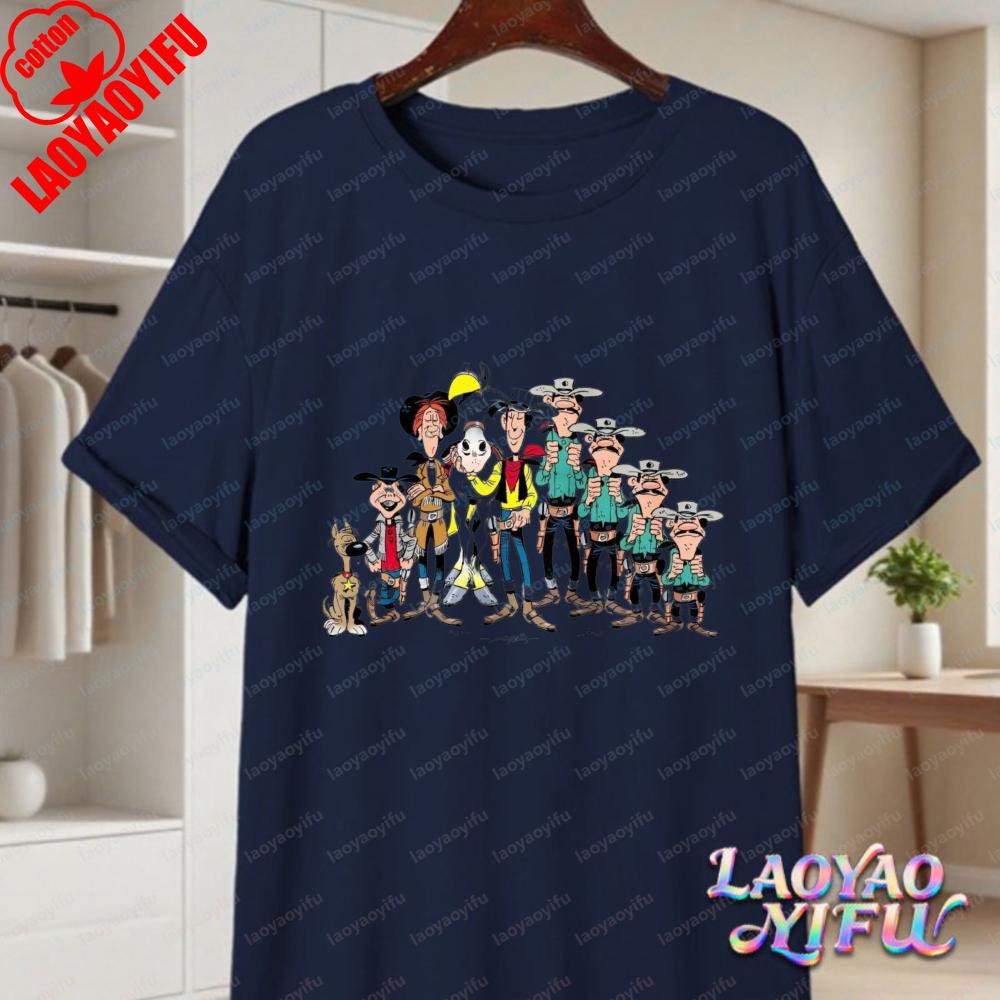 Classic Lucky Luke Cast Print Casual Tops Retro Western Animation Cotton TShirt Summer Casual Wear for Unisex Women Trendy Tee
