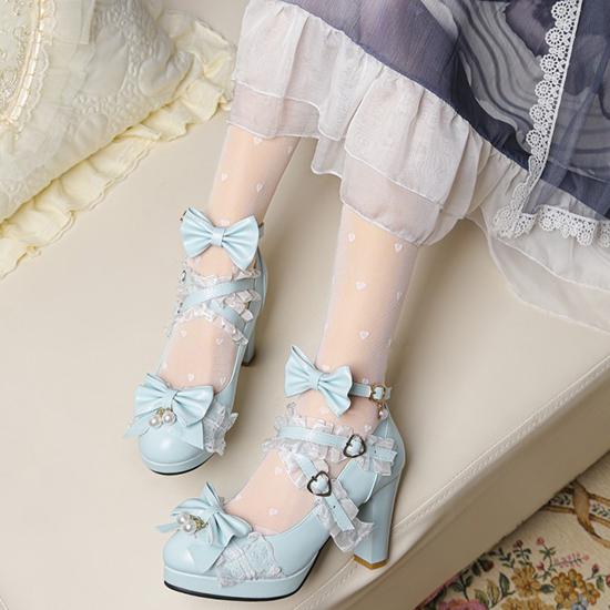 Милая стильная кружевная обувь в стиле Лолиты с бантом, милые туфли ярких цветов, модная повседневная обувь на высоком толстом каблуке с пряжкой