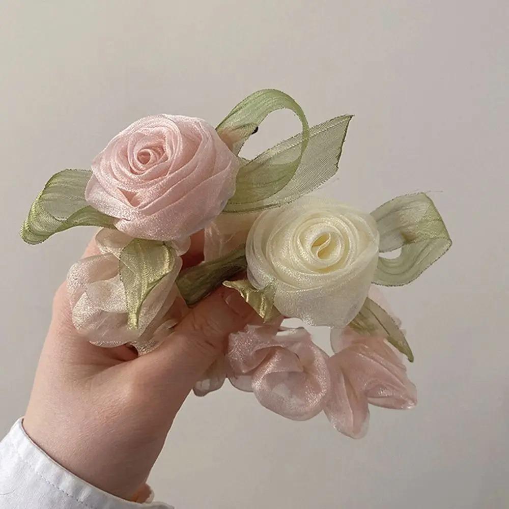 High Elasticity Mesh Yarn Hair Rope Yarn Hair Accessories Trendy Rose Flower Hair Ring