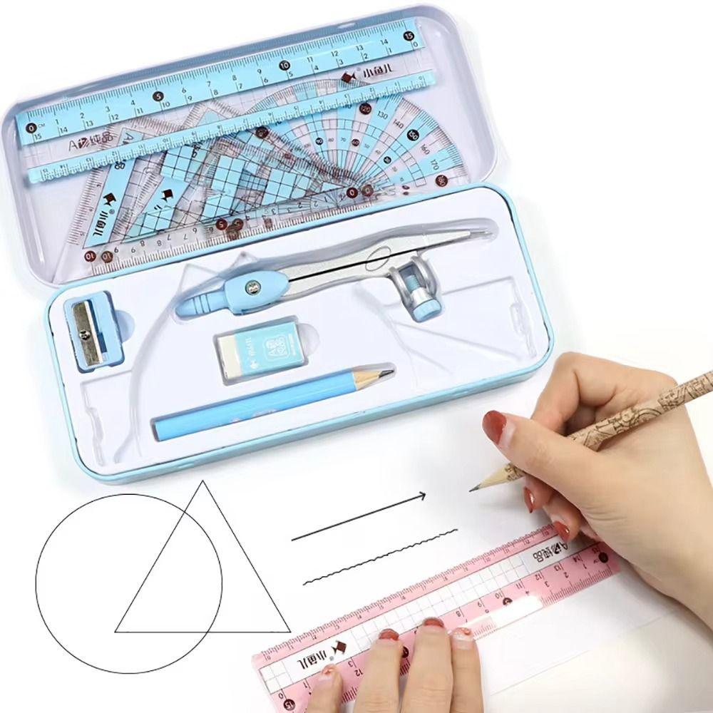 8Pcs/Set Metal Box Ruler Compass Set Multi-Function Drawing Stationery  Students Gifts