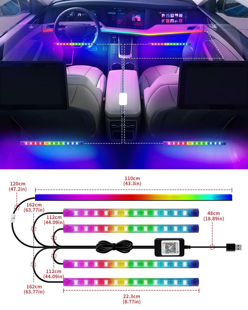 Car LED Strip Ambient Full Interior Decorative Ambient USB Cigarette Lighter Music App Remote 12V Lights, Footlights, Color, Illumination, Lighting,