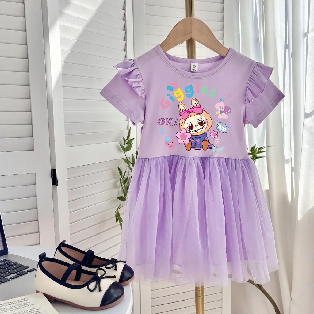 Принцесса Тюлевое Платье для Девочек, Детские Летящие Рукава, Короткие Рукава, Цельное Платье на Лето