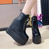 Fashion 12CM Punk Style Women Platform Wedges Boots Autumn Soft Leather Fashion Metal Rivet Female Lace Up High Heel Gothic Shoes Black