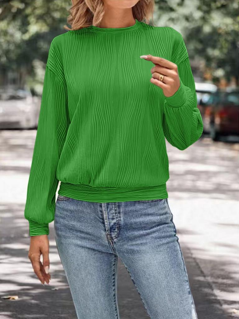 Женская модная футболка с заниженной линией плеч, с длинным рукавом, с текстурой, с круглым вырезом, повседневный топ