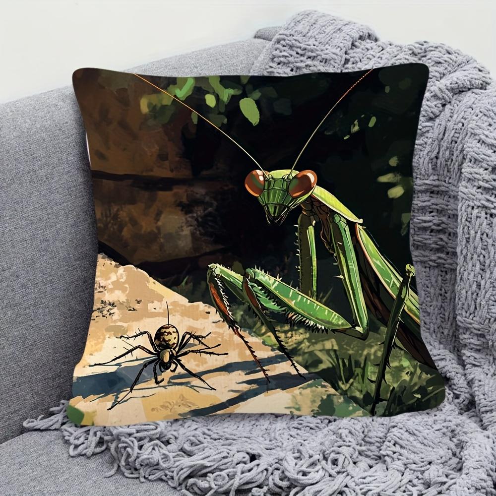 1pc Praying Mantis And Spider Design Decorative Pillow Cover, Double-Sided Short Plush, Zippered, Hand Washable - Ideal for Sofa, Living Room, Bedroom