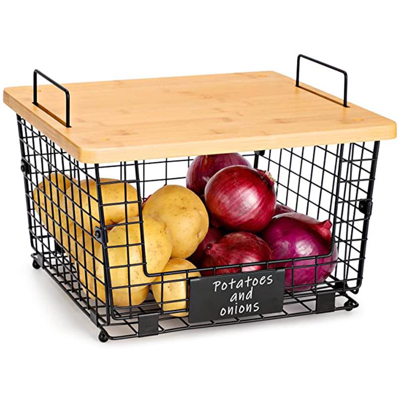Multi-purpose Folding Iron & Bamboo Storage Rack with Double-layer Baskets for Kitchen & Living Room