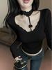 Женская облегающая белая кружевная пэчворк футболка с вырезом-халтер и длинным рукавом - Осенний flattering spicy girl базовая футболка