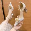 Fashion Women's Sandals Summer New Pointy Beaded Buckle Bag with Wedding Heels Stylish Temperament Stiletto Heels Party Shoes