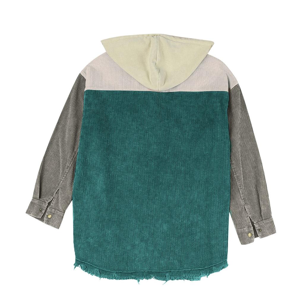 Women's Autumn Corduroy Shawl Jacket Long Sleeve Buckle Color Matching Hooded Jacket With Pocket