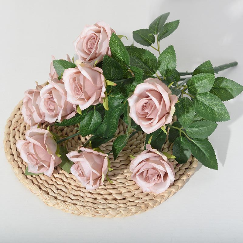 Artificial Ninehead Rose Bouquet Wedding Decor Silk Flowers For Home And Event Use