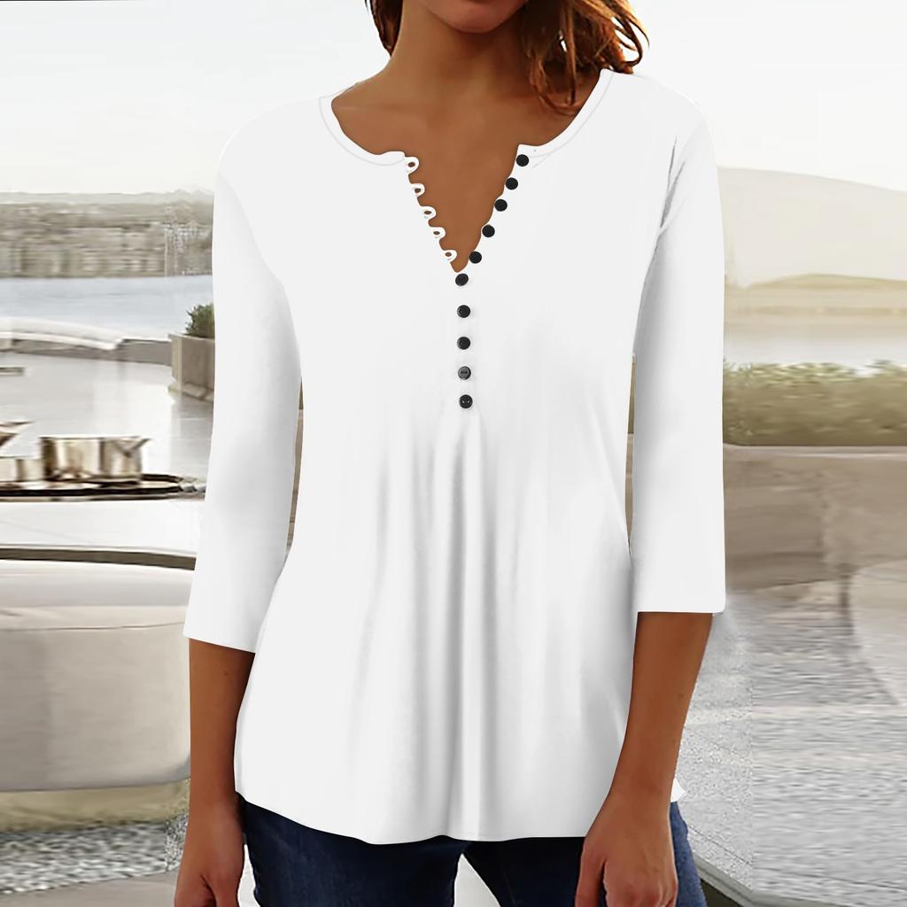 Женская верхняя свободная футболка с рукавом семь четвертей на пуговицах