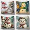 Home Decor Snowmen With Christmas Elements Pillow Covers Pattern Cushion Cover Suitable For Sofa Bedroom Car Pillow Cover