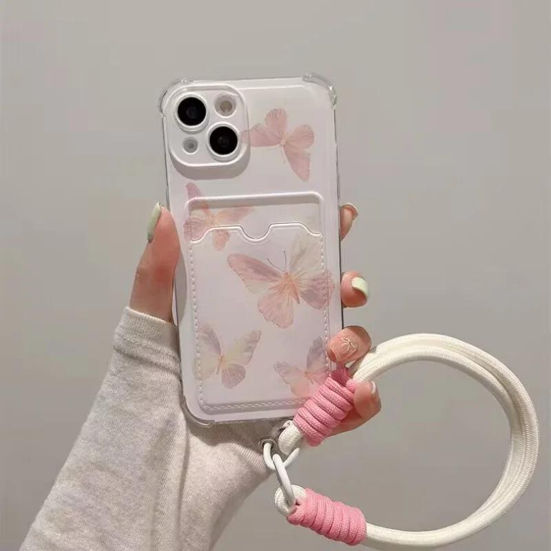 Карман-держатель для карт с рисунком бабочки и шнурком Чехол для Samsung Galaxy S25 Edge S23 S24 S25 Ultra S22 S21 Plus S20 FE чехол Милый Мягкий