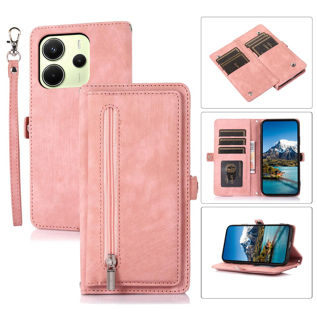For Xiaomi Redmi Note 14 4G (164.84mm) Case Zipper Pocket 9 Card Slots PU Leather Phone Cover with Wrist Strap