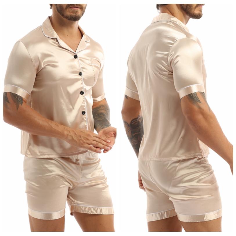 Мужской шелковистый атласный пижамный комплект с короткими рукавами, рубашка на пуговицах, топ с шортами, одежда для сна, одежда для дома