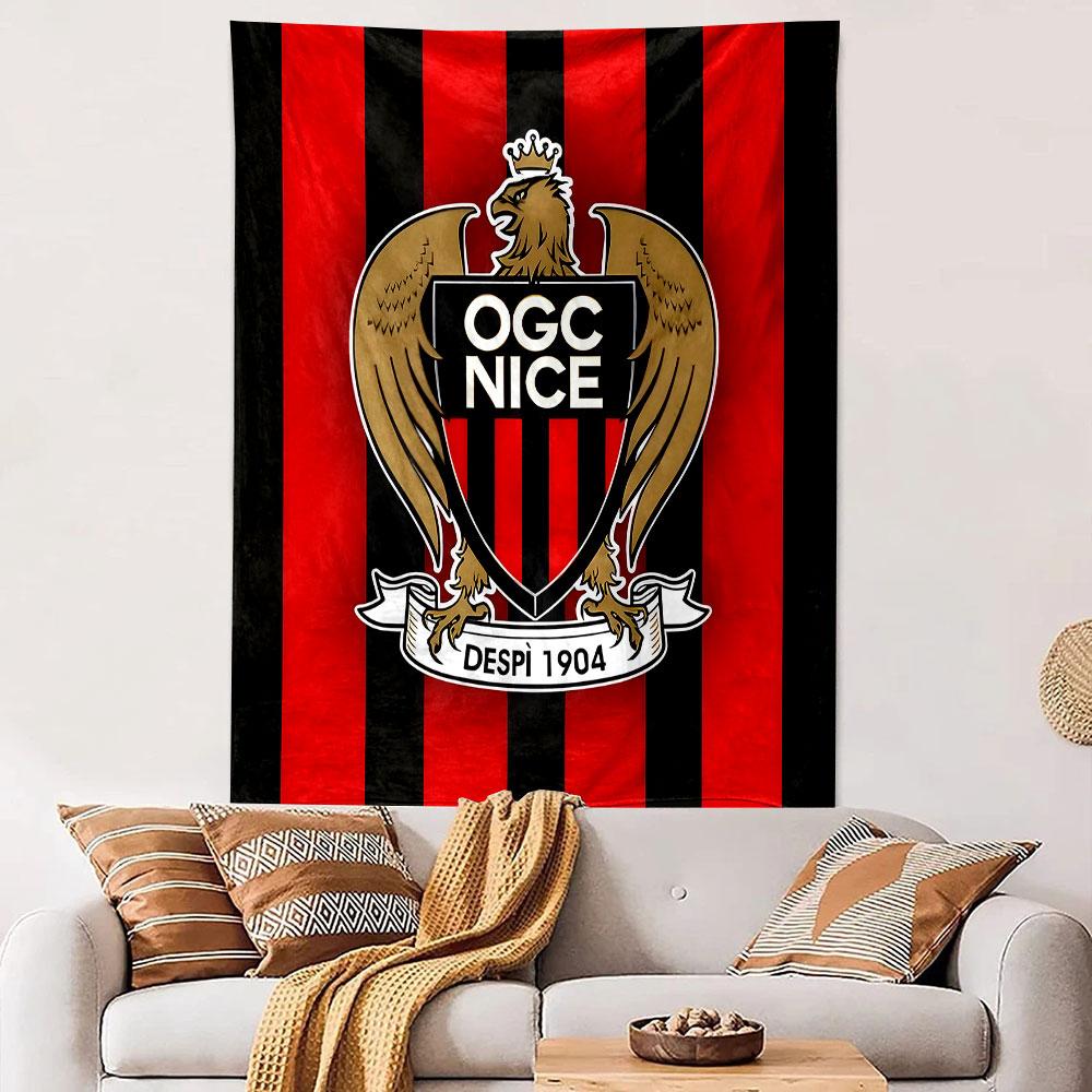 "OGC Nice Logo with Red and Black Stripes" Patterned tapestry home decor, suitable for bedroom and living room, gift