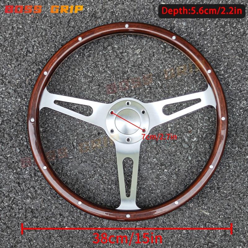 Car Accessories 15Inch JDM Classic Wooden Steering Wheel Vintage Sports Real Wood Steering Wheel with Rivet