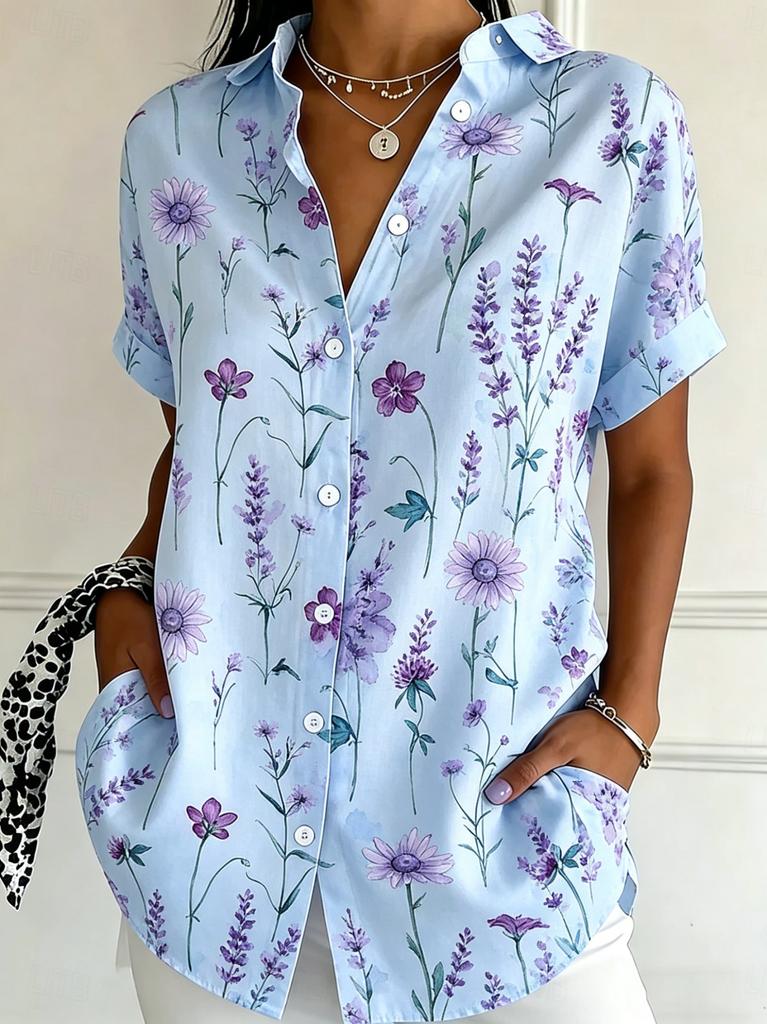 Women's Short Sleeve Watercolor Blue Floral Print Button Down Casual Shirt Elegant Daily Blouse Tops in Beige for Spring Summer