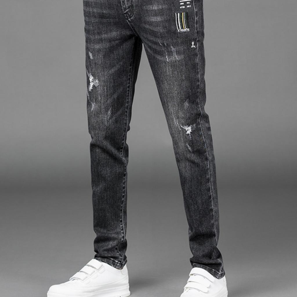 Thin New Jeans Black Men's Trousers Broken Jeans Trend Casual Trousers