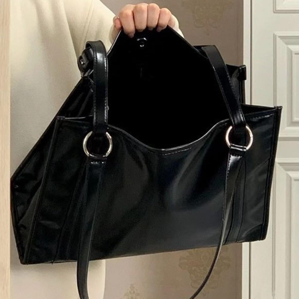 College Student PU Leather Shoulder Bag Underarm Bag Large Handbag Black Tote Bag  Girls Gift