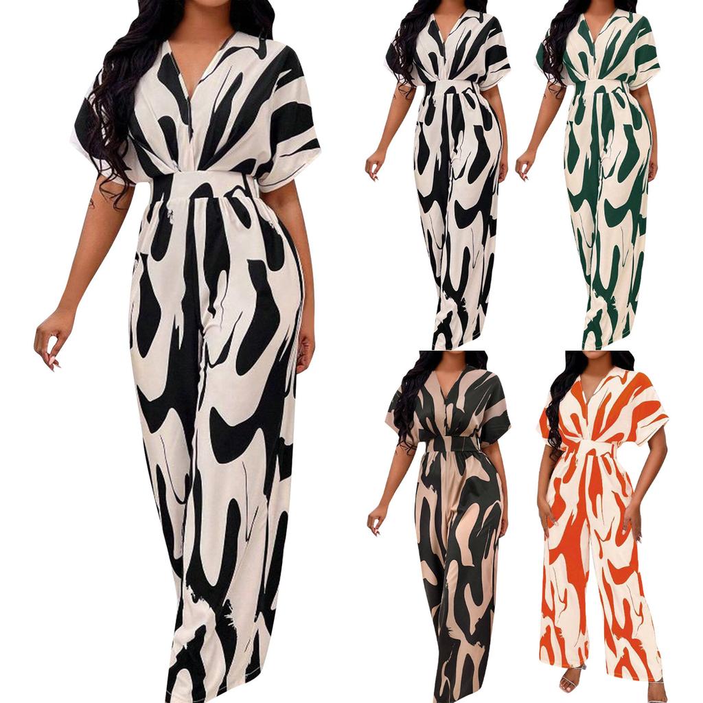 Европейский и американский весенне-летний комбинезон с короткими рукавами и принтом до талии для модных женщин с широкими ногами
