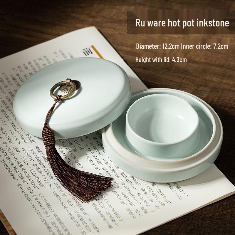 Чернильница из селадоновой керамики Килн Жу: Чернильница с двойным кругом и крышкой, Антивысыхающая чернильница для каллиграфии, Антикварная чернильница.