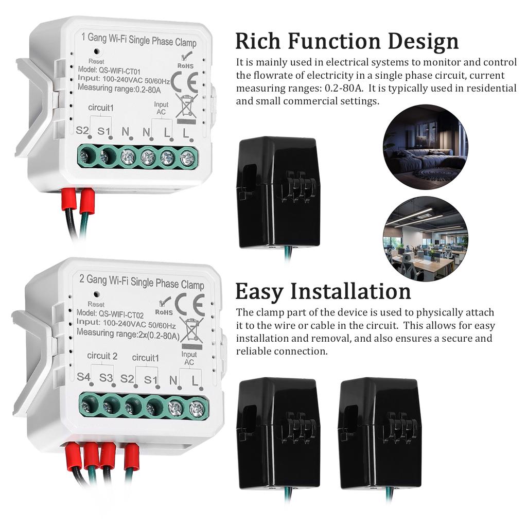 Newest Tuya WiFi Energy Meter 1/2 Gang 80A Single Phase Clamp Solar PV Bidirectional Two Way APP Control Current Transformer