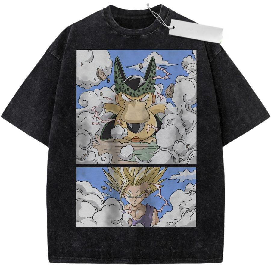 Unisex Washed Beige Vintage Tshirt Dragon Ball Cell Gohan Super Saiyan Highquality Fabric for Home Leisure Travel Shopping
