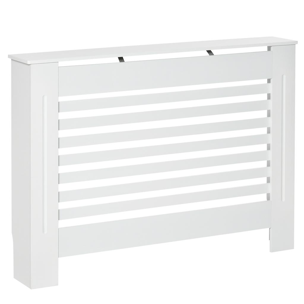 White Wooden Radiator Cover for Radiators and Heaters, Modern Radiator Cover with Anti-Tip, Slats and Support Surface, 112x19x81 cm