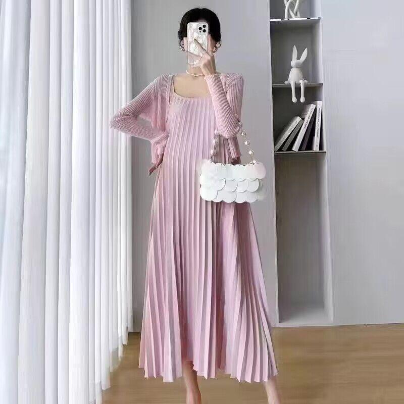 Versatile Plus Size Pleated Maternity Two-Piece Slip Dress