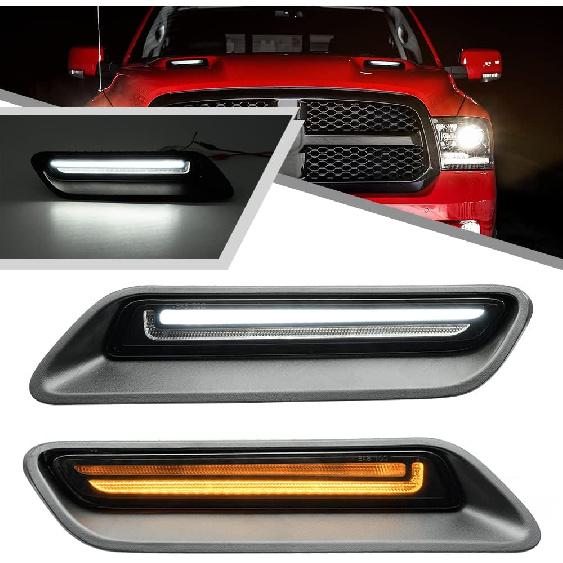 2Pcs White&Amber LED Hood Scoop Light for 2010-2018 Ram 1500 Sport Hood Air Flow Vent Grille Lamp with DRL Turn Signal Lights Functions Smoked Lens