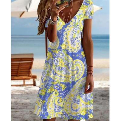 Летняя мода Женское платье с V-образным вырезом и короткими рукавами, в стиле ретро, с принтом, сексуальное, с короткой юбкой