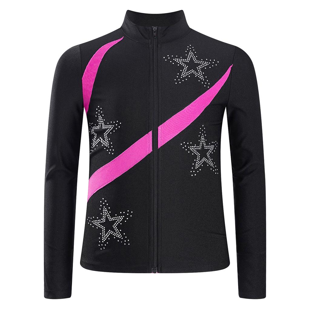 Girls Shiny Rhinestone Star Sports Top Contrast Color Long Sleeve Stand Collar Zipper Sweatshirt Gymnastics Wear